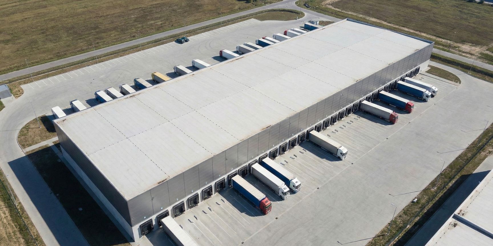 Luftaufnahme einer großen Logistikimmobilie, die für Cross-Docking optimiert ist. Das Gebäude hat zahlreiche Verladetore auf zwei gegenüberliegenden Längsseiten, an denen mehrere LKW angedockt sind, um einen direkten Warenumschlag zu ermöglichen